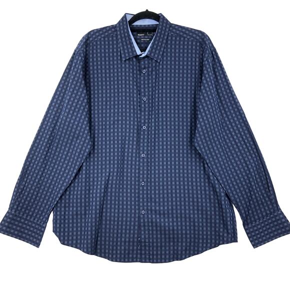 QUIETI Mens Dress Shirt XXL Blue Checkered Button Down Long Sleeve Curved Hem - Picture 1 of 9